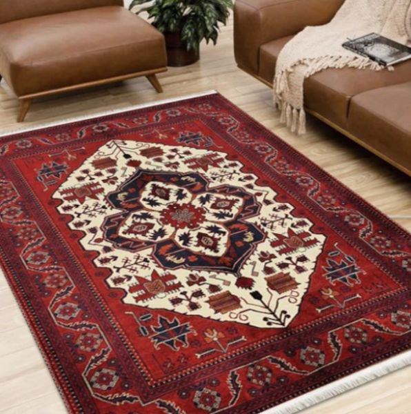 Halımax Dara 121 Yıkanabilir Kaymaz Dokuma Tabanlı Kırmızı Çerçeveli Etnik Modern Halı 80x150