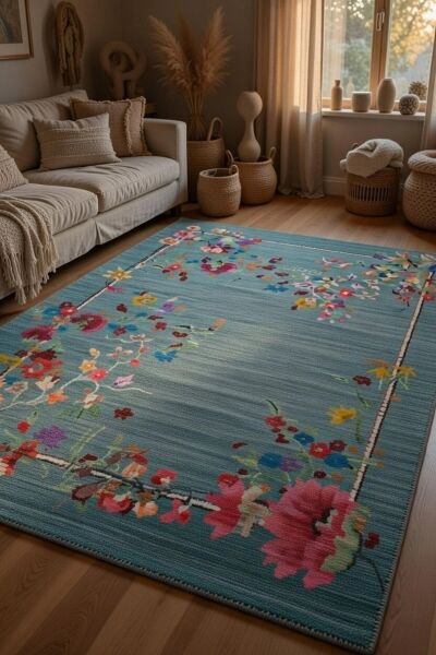 Drom Pamuk Dokuma Taban Kaymaz Şönil Makinede Yıkanabilir Kilim Salon Yatak Odası Mutfak Koridor Yolluk Halı Renkli Floral Halı