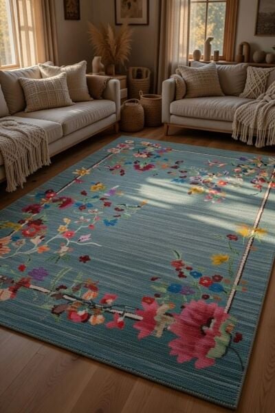 Drom Pamuk Dokuma Taban Kaymaz Şönil Makinede Yıkanabilir Kilim Salon Yatak Odası Mutfak Koridor Yolluk Halı Renkli Floral Halı