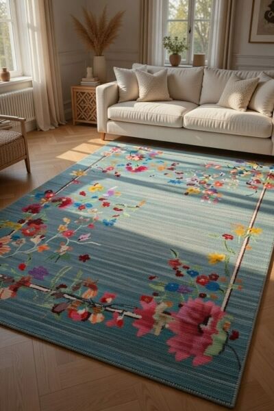 Drom Pamuk Dokuma Taban Kaymaz Şönil Makinede Yıkanabilir Kilim Salon Yatak Odası Mutfak Koridor Yolluk Halı Renkli Floral Halı