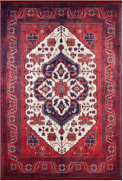 Halımax Dara 121 Yıkanabilir Kaymaz Dokuma Tabanlı Kırmızı Çerçeveli Etnik Modern Halı 100x200