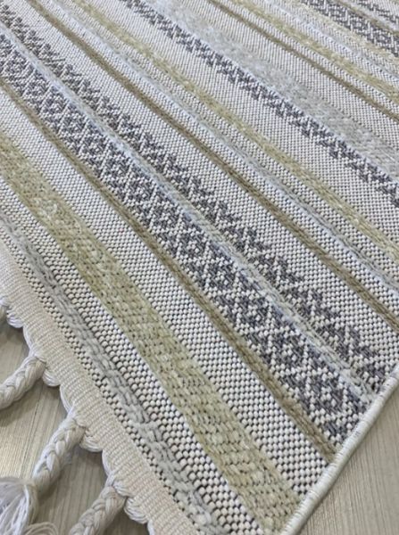 Reform Halı 4801 Meridyen Bej Beyaz Bukle Kabartmalı Örgü Saçaklı Modern Salon Halısı Koridor Hol Halı Yolluk