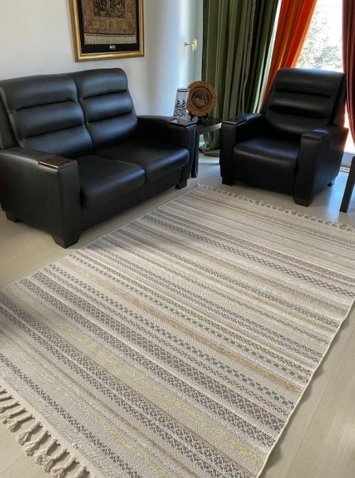 Reform Halı 4801 Meridyen Bej Beyaz Bukle Kabartmalı Örgü Saçaklı Modern Salon Halısı Koridor Hol Halı Yolluk