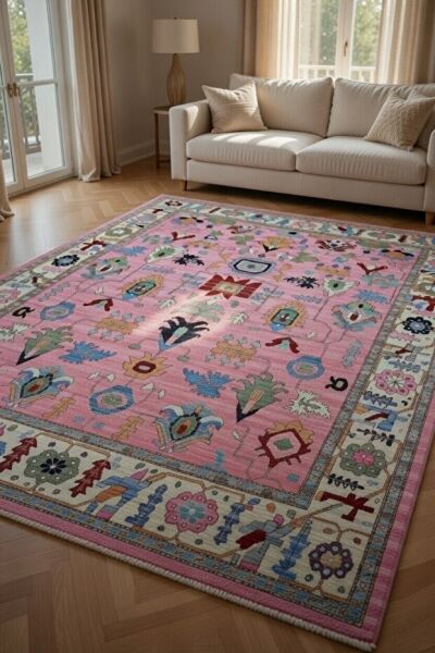 Drom Pamuk Dokuma Taban Kaymaz Şönil Makinede Yıkanabilir Kilim Salon Yatak Odası Mutfak Koridor Yolluk Halı Pembe Otantik Etnik Desenli Halı