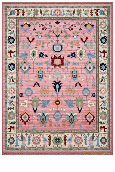 Drom Pamuk Dokuma Taban Kaymaz Şönil Makinede Yıkanabilir Kilim Salon Yatak Odası Mutfak Koridor Yolluk Halı Pembe Otantik Etnik Desenli Halı
