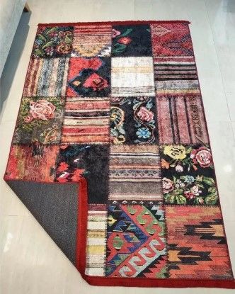 Halımax Dara 125 Yıkanabilir Kaymaz Dokuma Tabanlı Kırmızı Patchwork Desenli Modern Halı 80x300