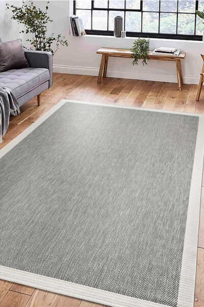 Agra Ar03 Sisal Hav Toz Vermez Kolay Silinebilir Dikdörtgen Sisal Halı Antre Balkon Mutfak Silinebilir Sisal Kilim Beyaz Çerçeveli Gri Sisal Halı