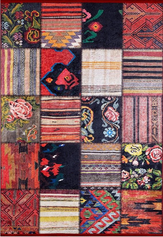 Halımax Dara 125 Yıkanabilir Kaymaz Dokuma Tabanlı Kırmızı Patchwork Desenli Modern Halı 100x200