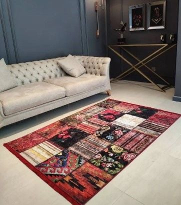 Halımax Dara 125 Yıkanabilir Kaymaz Dokuma Tabanlı Kırmızı Patchwork Desenli Modern Halı 200x290