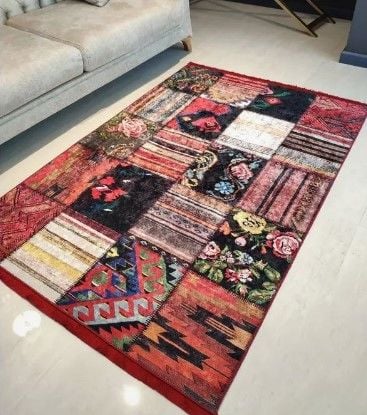 Halımax Dara 125 Yıkanabilir Kaymaz Dokuma Tabanlı Kırmızı Patchwork Desenli Modern Halı 200x290