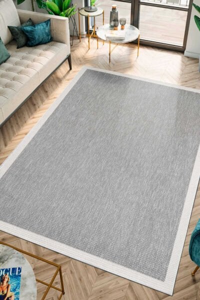 Agra Ar05 Sisal Hav Toz Vermez Kolay Silinebilir Dikdörtgen Sisal Halı Antre Balkon Mutfak Silinebilir Sisal Kilim Beyaz Çerçeveli Gri Sisal Halı