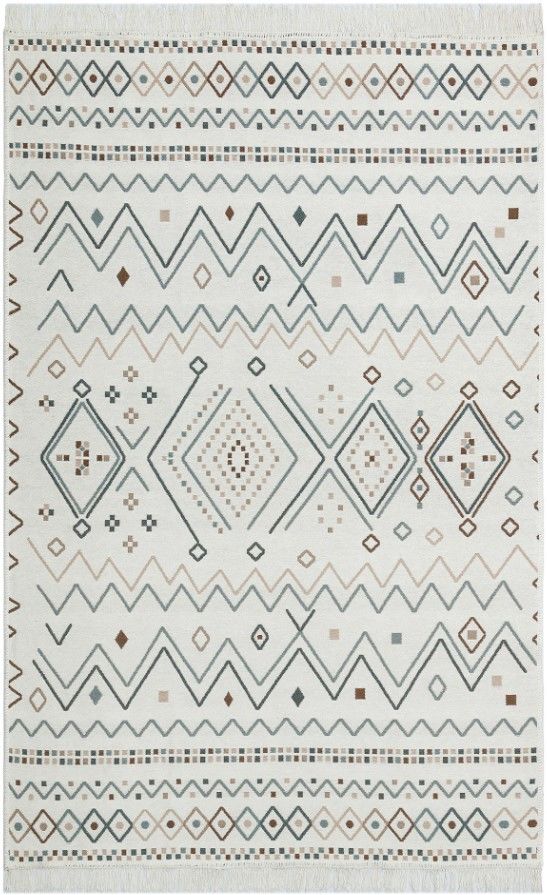 Eko Halı Arya AR 05 Beige Blue Çift Taraflı Yıkanabilir Multi Kilim Hav Toz Vermez Yolluk Mutfak Halısı