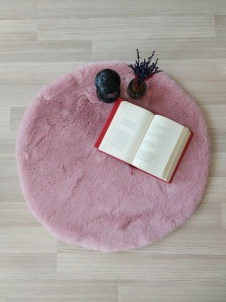 Ekstra Yumuşak Dokulu Pudra Pembe Bubble Tavşan Tüyü Darcio Yuvarlak Post Peluş Halı