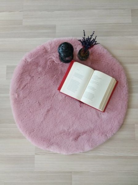 Ekstra Yumuşak Dokulu Pudra Pembe Bubble Tavşan Tüyü Darcio Yuvarlak Post Peluş Halı