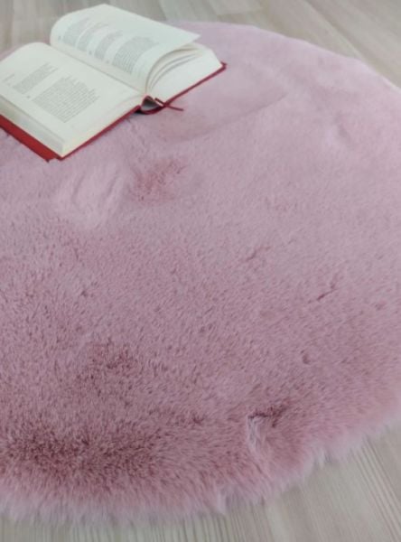 Ekstra Yumuşak Dokulu Pudra Pembe Bubble Tavşan Tüyü Darcio Yuvarlak Post Peluş Halı