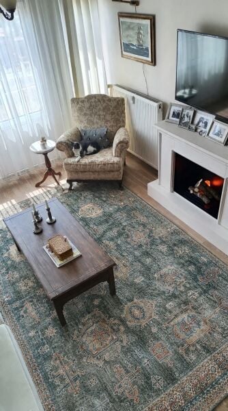 Atelier 503 Sage Green Eskitme Vintage Halı Etnik Dokuma Otantik Yıkanabilir Salon Mutfak Yatak Odası Koridor Halısı