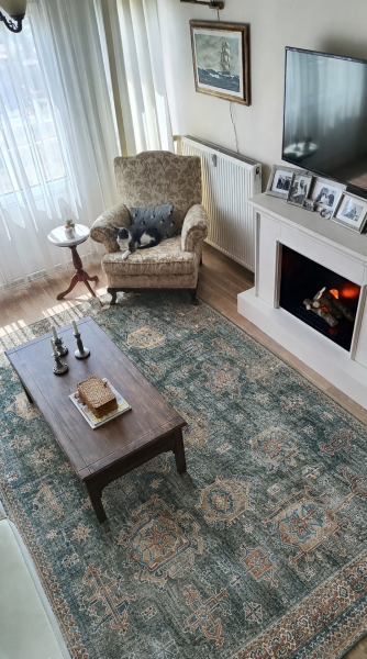Atelier 503 Sage Green Eskitme Vintage Halı Etnik Dokuma Otantik Yıkanabilir Salon Mutfak Yatak Odası Koridor Halısı