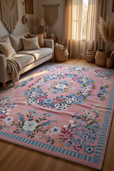 Drom Pamuk Dokuma Taban Kaymaz Şönil Makinede Yıkanabilir Kilim Salon Yatak Odası Mutfak Koridor Yolluk Halı Pembe Çiçekli Etnik Desenli Halı