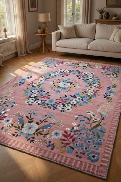 Drom Pamuk Dokuma Taban Kaymaz Şönil Makinede Yıkanabilir Kilim Salon Yatak Odası Mutfak Koridor Yolluk Halı Pembe Çiçekli Etnik Desenli Halı