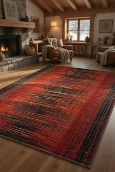Drom Pamuk Dokuma Taban Kaymaz Şönil Makinede Yıkanabilir Kilim Salon Yatak Odası Mutfak Koridor Yolluk Halı Kırmızı Etnik Desenli Halı