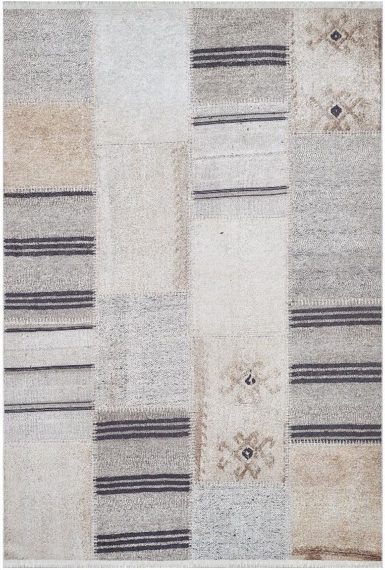 Halımax Dara 159 Yıkanabilir Kaymaz Dokuma Tabanlı Bej Patchwork Modern Halı 80x150