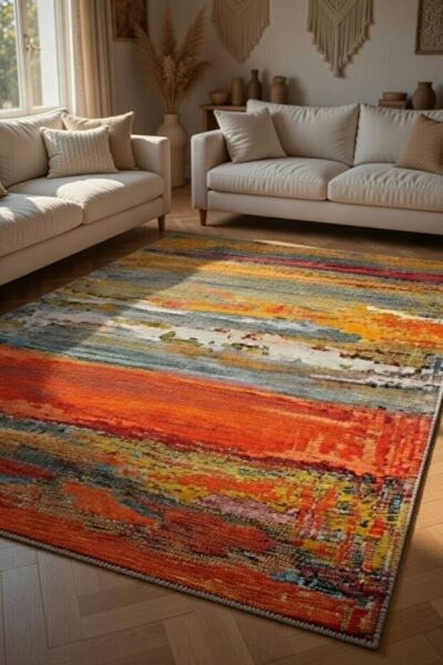 Drom Pamuk Dokuma Taban Kaymaz Şönil Makinede Yıkanabilir Kilim Salon Yatak Odası Mutfak Koridor Yolluk Halı Turuncu Multi Etnik Desenli Halı