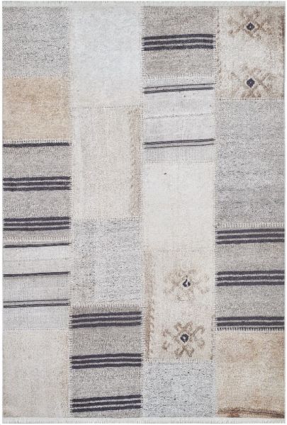 Halımax Dara 159 Yıkanabilir Kaymaz Dokuma Tabanlı Bej Patchwork Modern Halı 200x290