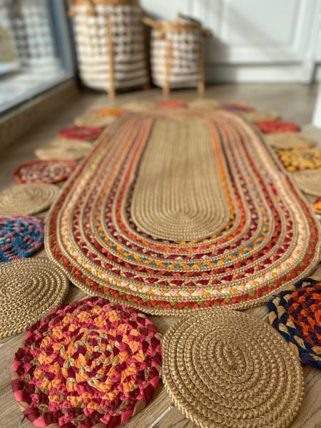 Milda 55 Jüt Hasır Örgü Bohem Çift Taraflı Kilim Dekoratif Oval Jüt Halı Hav Toz Vermez Yıkanabilir Jüt Kilim