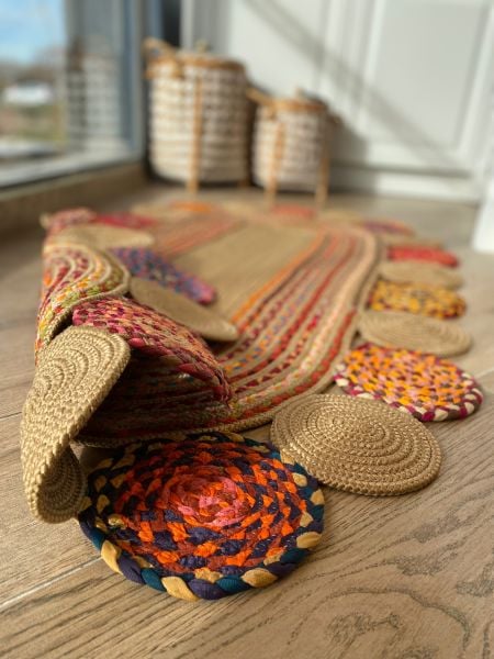 Milda 55 Jüt Hasır Örgü Bohem Çift Taraflı Kilim Dekoratif Oval Jüt Halı Hav Toz Vermez Yıkanabilir Jüt Kilim