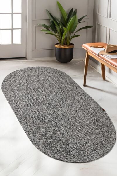 Boho 06 Gri Naturel Oval Jüt Halı Yolluk Jüt Taban Jüt Kilim Hasır Halı Otantik Bohem Halı