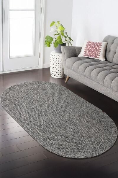 Boho 06 Gri Naturel Oval Jüt Halı Yolluk Jüt Taban Jüt Kilim Hasır Halı Otantik Bohem Halı