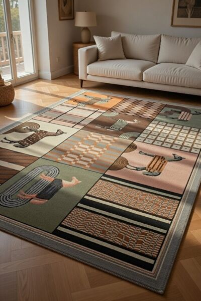Drom Pamuk Dokuma Taban Kaymaz Şönil Makinede Yıkanabilir Kilim Salon Yatak Odası Mutfak Koridor Yolluk Kilim At Motifli Geometrik Patchwork Halı