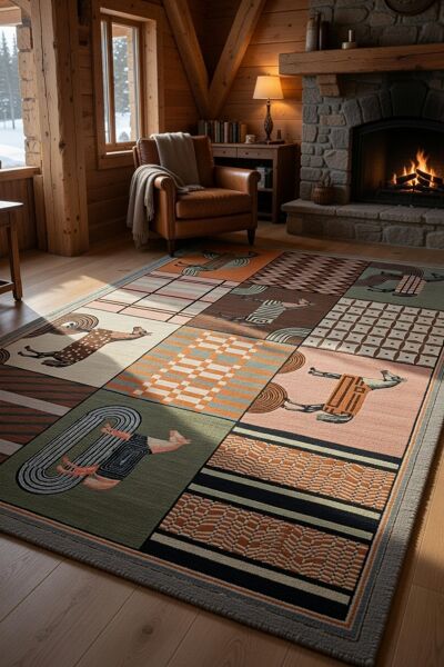 Drom Pamuk Dokuma Taban Kaymaz Şönil Makinede Yıkanabilir Kilim Salon Yatak Odası Mutfak Koridor Yolluk Kilim At Motifli Geometrik Patchwork Halı