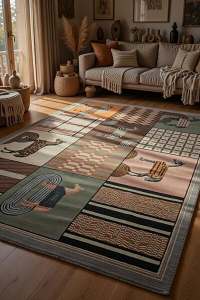 Drom Pamuk Dokuma Taban Kaymaz Şönil Makinede Yıkanabilir Kilim Salon Yatak Odası Mutfak Koridor Yolluk Kilim At Motifli Geometrik Patchwork Halı