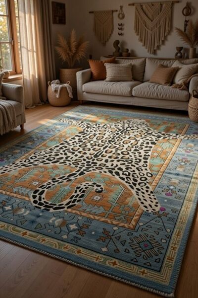 Drom Pamuk Dokuma Taban Kaymaz Şönil Makinede Yıkanabilir Kilim Salon Yatak Odası Mutfak Koridor Yolluk Kilim Leopar Desenli Multi Halı