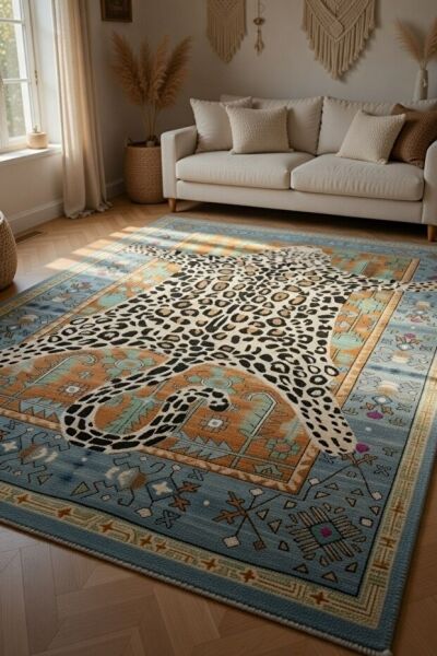 Drom Pamuk Dokuma Taban Kaymaz Şönil Makinede Yıkanabilir Kilim Salon Yatak Odası Mutfak Koridor Yolluk Kilim Leopar Desenli Multi Halı