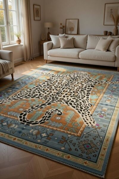 Drom Pamuk Dokuma Taban Kaymaz Şönil Makinede Yıkanabilir Kilim Salon Yatak Odası Mutfak Koridor Yolluk Kilim Leopar Desenli Multi Halı