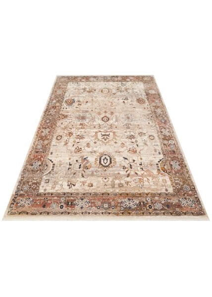 Pietra PTA 22 Cream Brown Etnik Yumuşak Tuşeli Makine Halısı Vintage Otantik Salon Oturma Odası Halısı Eko Halı