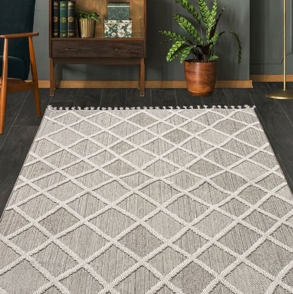 Crea Halı NEPAL - 9964N Bukle Dokuma Örgü Saçaklı Modern Salon Halısı My Crea Home