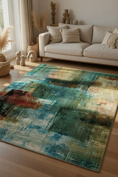 Drom Pamuk Dokuma Taban Kaymaz Şönil Makinede Yıkanabilir Kilim Salon Yatak Odası Mutfak Koridor Yolluk Kilim Yeşil Eskitme Etnik Halı