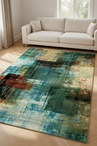 Drom Pamuk Dokuma Taban Kaymaz Şönil Makinede Yıkanabilir Kilim Salon Yatak Odası Mutfak Koridor Yolluk Kilim Yeşil Eskitme Etnik Halı