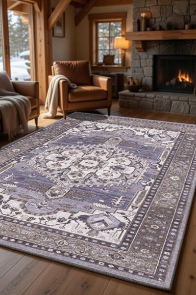 Drom Pamuk Dokuma Taban Kaymaz Şönil Makinede Yıkanabilir Kilim Salon Yatak Odası Mutfak Koridor Yolluk Kilim Vintage Etnik Desenli Lacivert Krem Salon Halısı