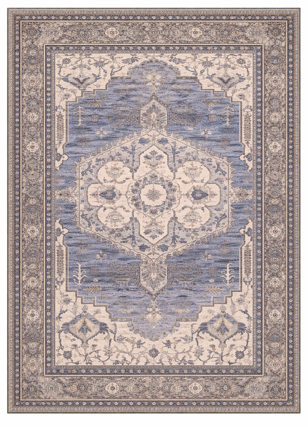 Drom Pamuk Dokuma Taban Kaymaz Şönil Makinede Yıkanabilir Kilim Salon Yatak Odası Mutfak Koridor Yolluk Kilim Vintage Etnik Desenli Lacivert Krem Salon Halısı