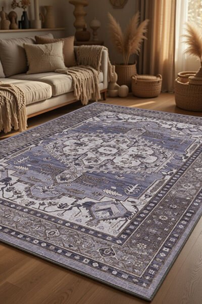 Drom Pamuk Dokuma Taban Kaymaz Şönil Makinede Yıkanabilir Kilim Salon Yatak Odası Mutfak Koridor Yolluk Kilim Vintage Etnik Desenli Lacivert Krem Salon Halısı