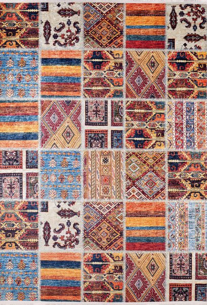 Halımax Dara 173 Yıkanabilir Kaymaz Dokuma Tabanlı Turuncu Patchwork Desenli Modern Halı 100x300