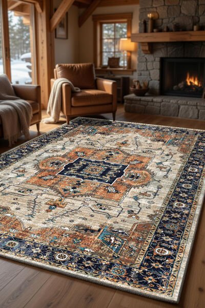 Drom Pamuk Dokuma Taban Kaymaz Şönil Makinede Yıkanabilir Kilim Salon Yatak Odası Mutfak Koridor Yolluk Kilim Klasik Desenli Çerçeveli Salon Halısı