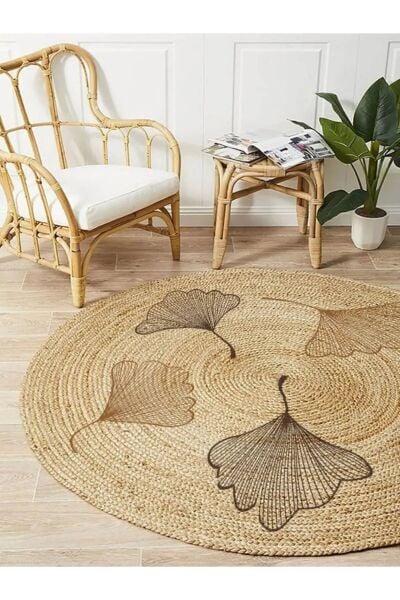 Halımax Jüt Jade Çift Taraflı Yıkanabilir Jüt Kilim Floral Çiçek Desenli Bohem Dijital Baskı Jüt Halı