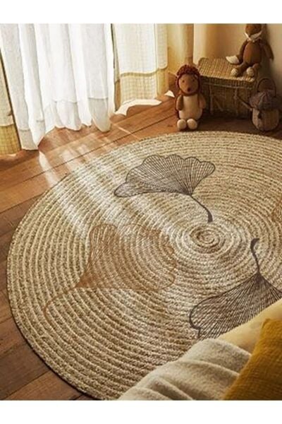 Halımax Jüt Jade Çift Taraflı Yıkanabilir Jüt Kilim Floral Çiçek Desenli Bohem Dijital Baskı Jüt Halı