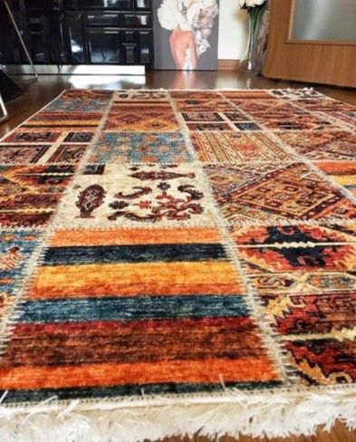 Halımax Dara 173 Yıkanabilir Kaymaz Dokuma Tabanlı Turuncu Patchwork Desenli Modern Halı 160x230