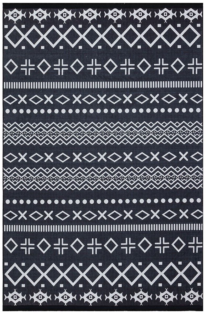 Halımax Dara 176 Yıkanabilir Kaymaz Dokuma Tabanlı Siyah Etnik Desenli Modern Halı 80x200